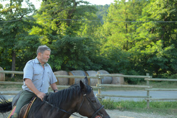 senior ranger ranger riding and training his beloved horse in a farm near a natural park, outdoors,...