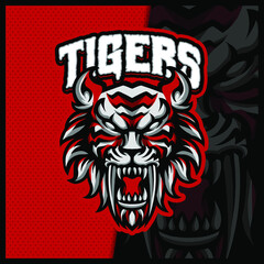 Mad Tigers esport and sport mascot logo design with modern illustration concept for team, badge, emblem and t-shirt printing. Mad Hell Tigers illustration on isolated background, cartoon style