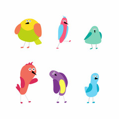 Vector set of birds in the style of a children's drawing.