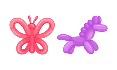 Cute butterfly, horse animals made from inflatable balloons set cartoon vector illustration