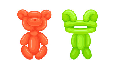 Cute bear, frog animals made from inflatable balloons set cartoon vector illustration