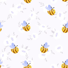 Seamless pattern with bees on color floral background. Small wasp. Vector illustration. Adorable cartoon character. Template design for invitation, cards, textile, fabric. Doodle style