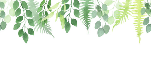 seamless watercolor border, pattern, banner. cute simple eucalyptus and fern leaves. abstract print with transparent green leaves isolated on white background