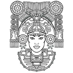Pagan goddess. Motives of art Native American Indian. Vector illustration: the black silhouette isolated on a white background. Be used for coloring book. Print, posters, t-shirt, textiles.