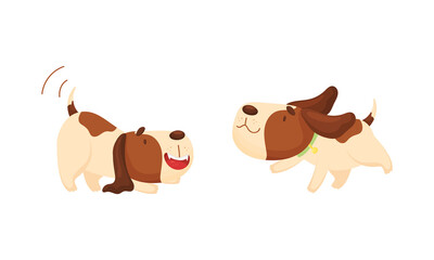 Cute funny beagle dog sleeping and walking set. Cute adorable pet animal wagging its tail and running cartoon vector illustration