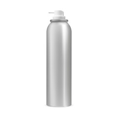 Spray can. Aerosol bottle vector blank, silver container. Aluminum cylinder freshener tube. Realistic cosmetic paint tin, steel template design. Antiperspirant odor refresher illustration