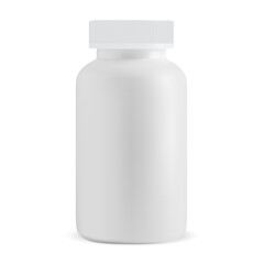 White pill bottle blank. Isolated medicine supplement jar, vector design. Prescription capsule box template isolated on white background. Medicament cure, antibiotic drugs package, your label