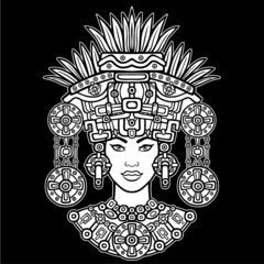 Animation portrait of the pagan goddess  based on motives of art Native American Indian.   Monochrome decorative drawing isolated on a black background. Vector illustration.