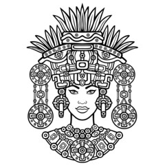 Animation portrait of the pagan goddess  based on motives of art Native American Indian.   Monochrome decorative drawing. Vector illustration isolated on a white background.