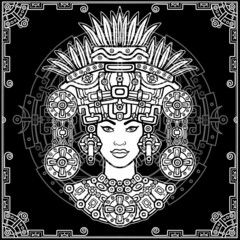 Animation portrait of the pagan goddess  based on motives of art Native American Indian.   Monochrome decorative drawing. Vector illustration. Background - a decorative frame, a magic circle.