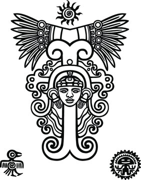 Linear drawing: decorative image of an ancient Indian deity. The black isolated silhouette on a white background.