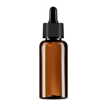 Dropper bottle, brown glass cosmetic eyedropper mockup. Amber glass serum, essential oil or medicine tincture pipette packaging. Medical elixir container, nasal aromatherapy, collagen flacon