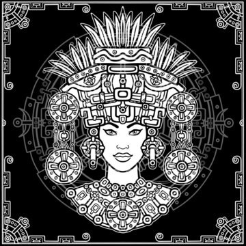 Animation portrait of the pagan goddess  based on motives of art Native American Indian.   Monochrome decorative drawing. Vector illustration. Background - a decorative frame, a magic circle.
