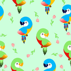 Seamless pattern with ara parrots and pink tulips. Blue, yellow, green, pink, red. Green background. Cartoon style. Cute and funny. For kids post cards, stationery, wallpaper, textile, wrapping paper