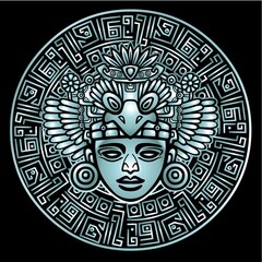 Linear drawing: decorative image of an ancient Indian deity. Magic circle. Silver imitation. The vector illustration isolated on a black background.