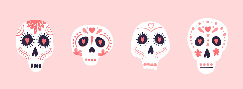 Vector set of Mexico sugar skulls elements Dia de los muertos symbols in flat hand drawn style isolated on background. Calavera Catrina with floral ornamental decoration. Day of the dead. Illustration