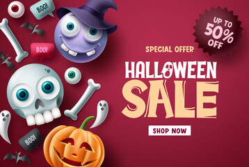 Halloween sale vector banner background design. Halloween special offer discount text with cute and scary emoji character for promotion ads. Vector illustration.
