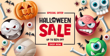 Halloween sale vector banner background design. Halloween special offer discount text with cute and scary emoji character for promotion ads. Vector illustration.
