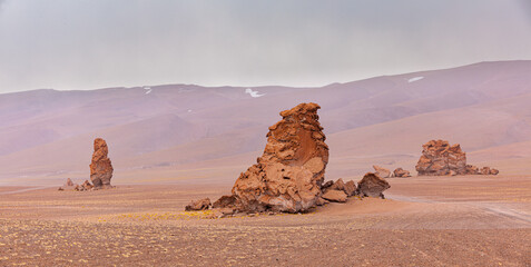 Fototapeta na wymiar Volcanic landscape with Ignimbrite columns shaped by wind erosion in the high Andes