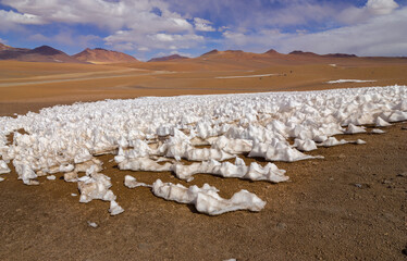 Landscape in the high Andes of Chile with snow penitentes: remnants of snow at 5000 meter altitude formed by the action of the wind in a very dry climate - obrazy, fototapety, plakaty