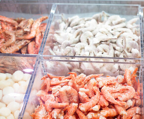 Frozen seafood in the refrigerator. Supermarket food