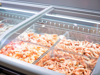 Frozen seafood in the refrigerator. Supermarket food