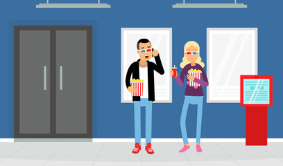 Happy Couple at Cinema Hall in 3D Glasses with Popcorn and Soda Vector Illustration