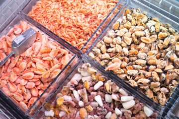 Frozen seafood in the refrigerator. Supermarket food