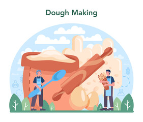 Baking industry concept. Pastry baking process and retail.