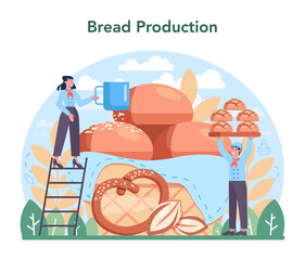 Baking industry concept. Bread production. Pastry baking process and retail