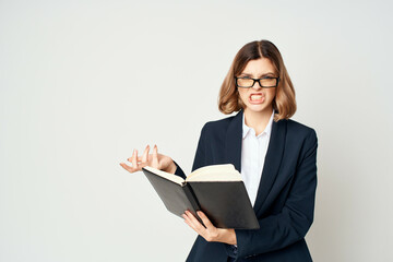 Fototapeta premium Business woman in black jacket documents work isolated background