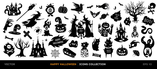 Naklejka na ściany i meble Set of halloween silhouettes. Collection of vector halloween icon and character isolated on a white background.