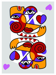 Portrait woman,man face on decorative cubism style character vector illustration.