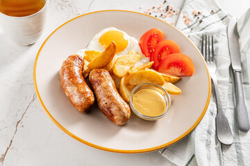 Traditional british cuisine: sausages with potatoes and eggs
