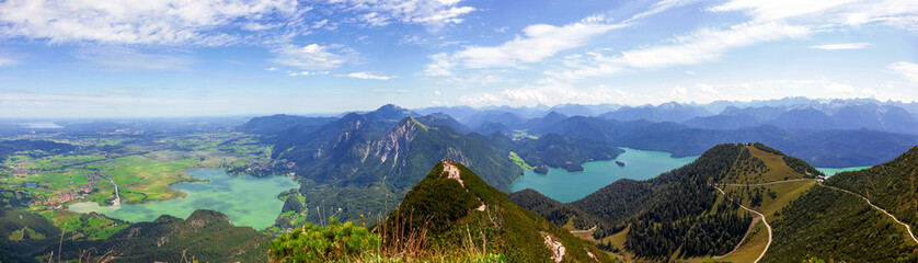 Lakes and mountains. Web banner of Bavarian village Kochel am See  with Alp Lake (Kochelsee,...