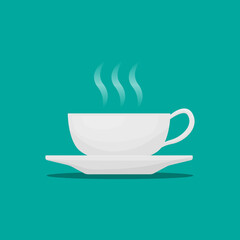 Cup of coffee with steam in white cup. flat design vector illustration on isolated background. decorative design for canteen, poster, banner, card.