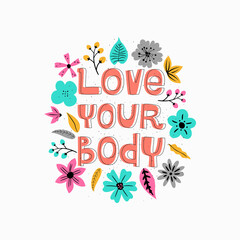 Female healthcare campaign flat banner template. Love your body text witn floral design