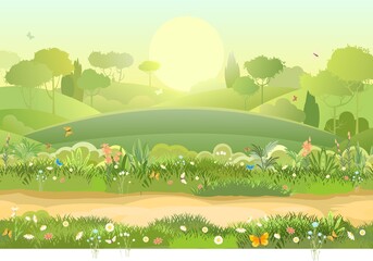Naklejka premium Road. Amusing beautiful forest landscape. Trail. Cartoon style. Leaves. The path through the hills with grass. Cool romantic beauty. Flat design illustration. Vector art