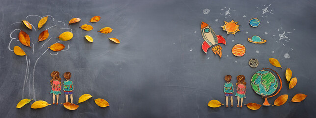 Back to school concept. Top view banner of boy and girl next to tree sketch with autumn dry leaves...