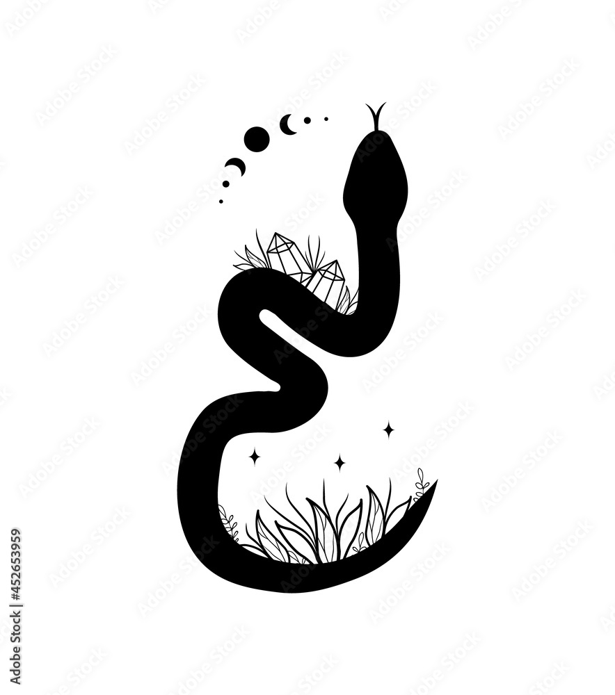 Wall mural magic snake in boho style with moon. mystical symbol in a trendy minimalist style. esoteric vector i