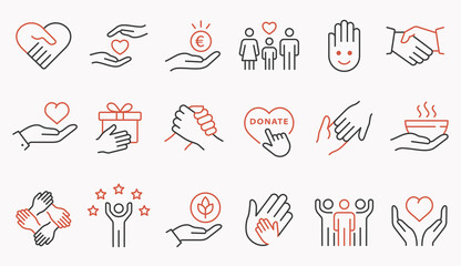 Charity line icon set. Collection of handshake, donate, foundation, help, and more. Editable stroke. - obrazy, fototapety, plakaty