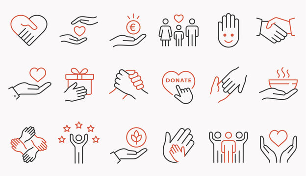 Charity line icon set. Collection of handshake, donate, foundation, help, and more. Editable stroke.