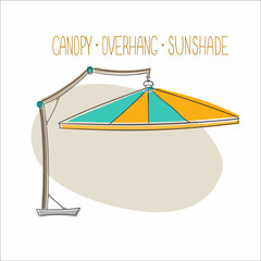 Single vector image of beach umbrella, theawning, tent, awning, sunshade, canopy. Stylish illustration in cartoon flat style for compositions, printing advertisements, invitations, banners, logos.