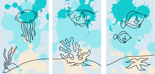 A collection of abstractions (posters) in the style of seascapes: starfish, seaweed, jellyfish and tropical fish on the background of colored blots (spots)