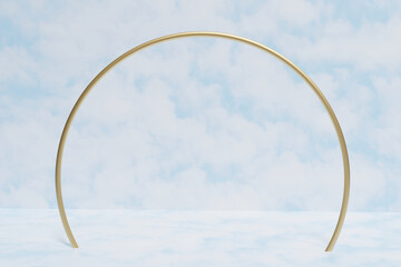 3d render of a gold ring arch with a cloudy sky scene background