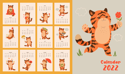Naklejka premium Calendar 2022 with cute tigers. Vector graphics.