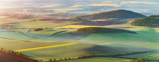 Spring hilly landscape of fields Czech republic