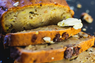 Vegan banana bread sliced butter