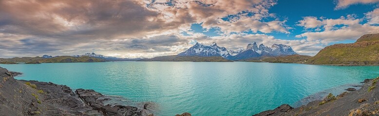 Panoramic image of the mountain massif in Torres del Paine National Park in chilean part of Patagonia