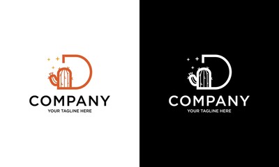 Capital letter D symbol logo template with orange color cactus plant on white and black background.